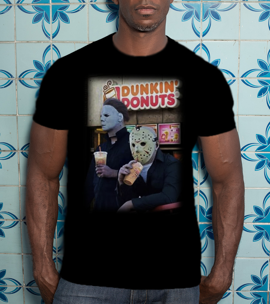 Michael Myers And Jason Voorhees At Dunkin' Donuts Holding Drinks T-Shirt
