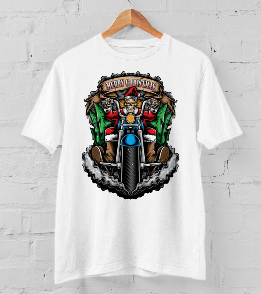 Skeleton Santa Biker Merry Christmas T-Shirt