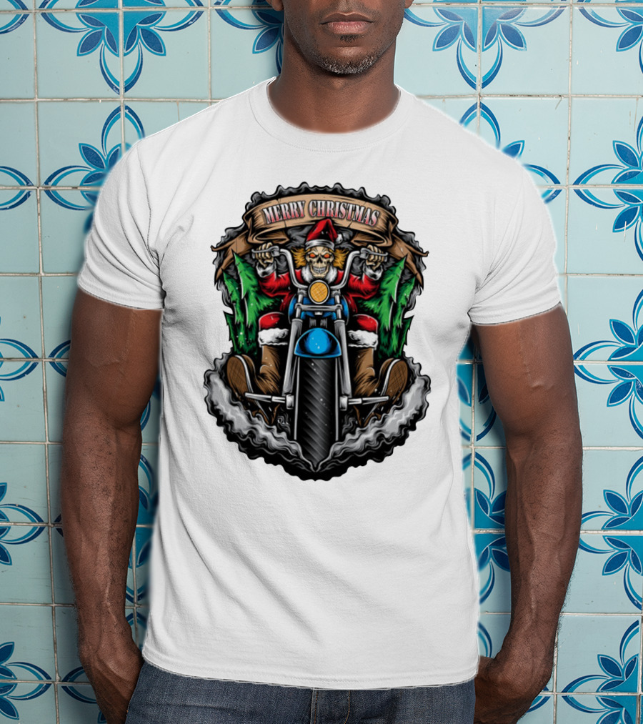 Skeleton Santa Biker Merry Christmas T-Shirt