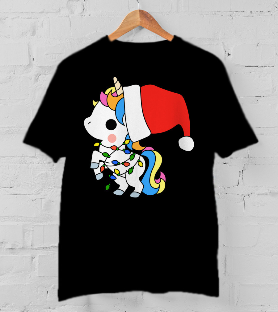 Unicorn Santa Christmas Lights Festive Fantasy T-Shirt