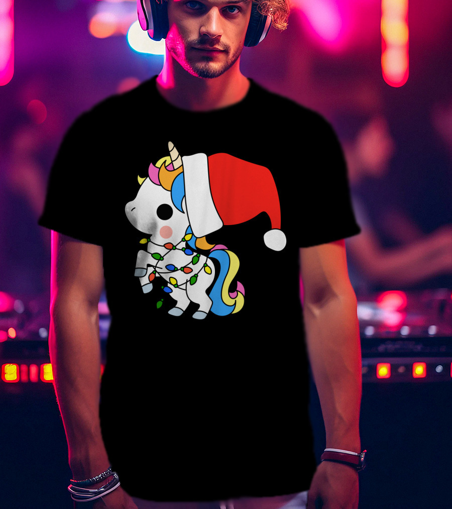 Unicorn Santa Christmas Lights Festive Fantasy T-Shirt
