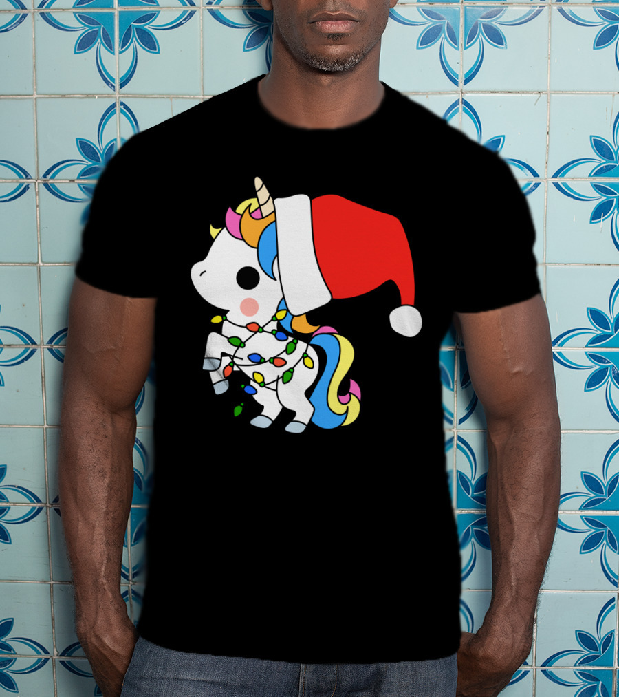 Unicorn Santa Christmas Lights Festive Fantasy T-Shirt