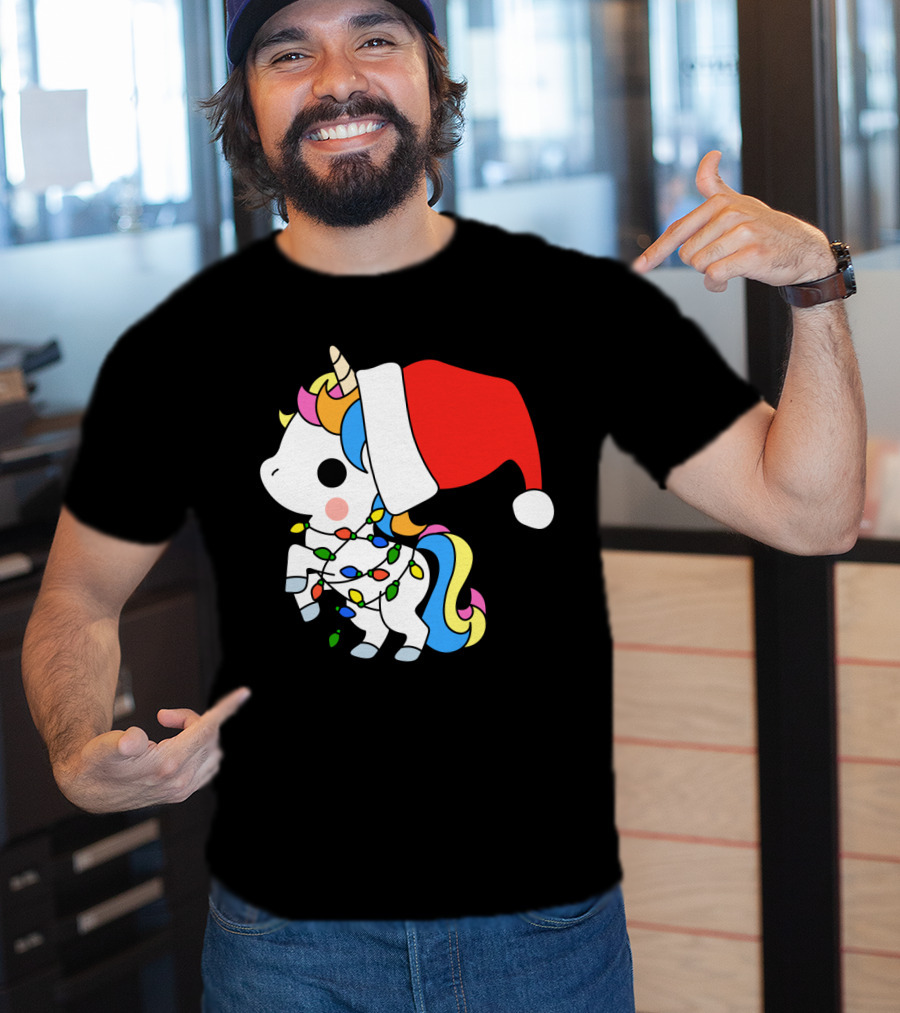 Unicorn Santa Christmas Lights Festive Fantasy T-Shirt