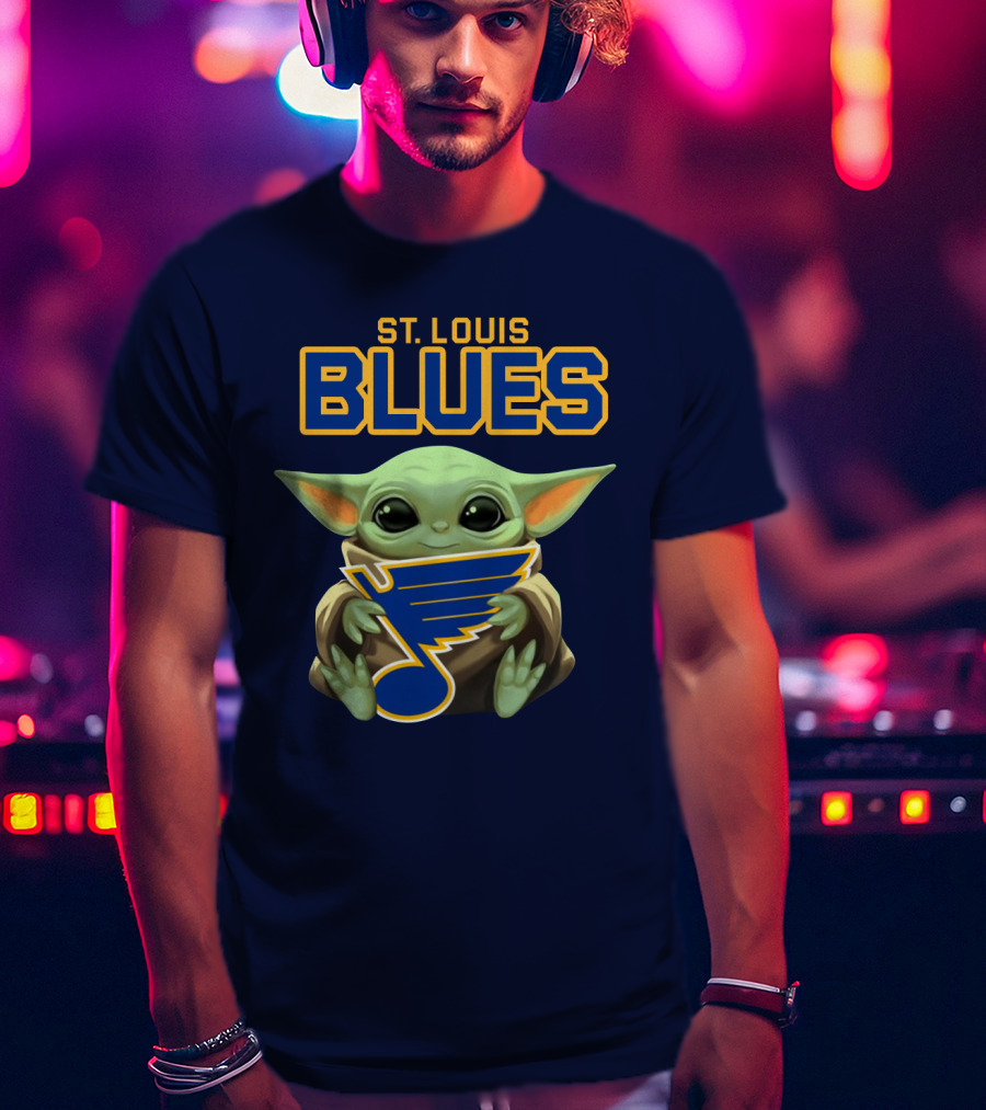 Baby Yoda Holding St Louis Blues T-Shirt