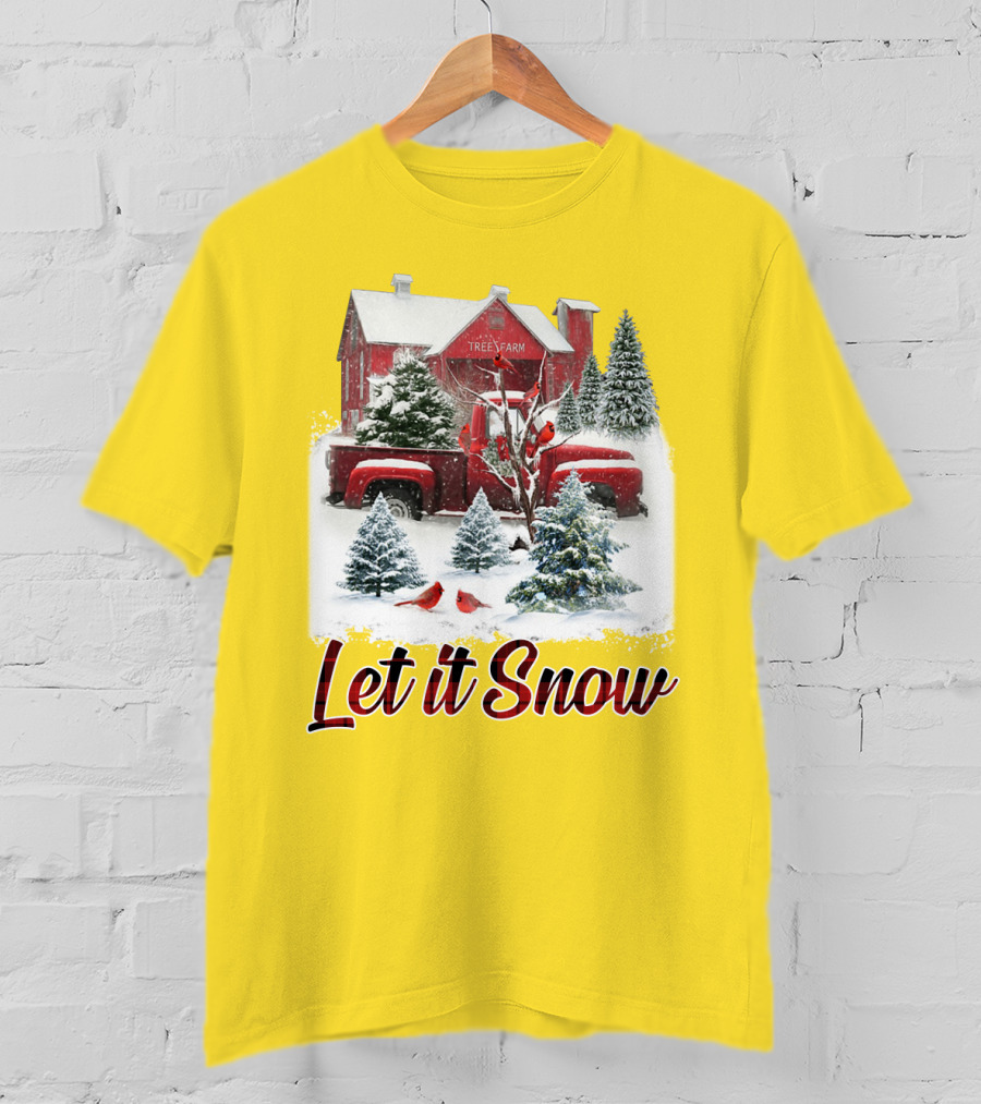 Let It Snow Cardinal Birds Red Tree Farm Holiday Scene T-Shirt