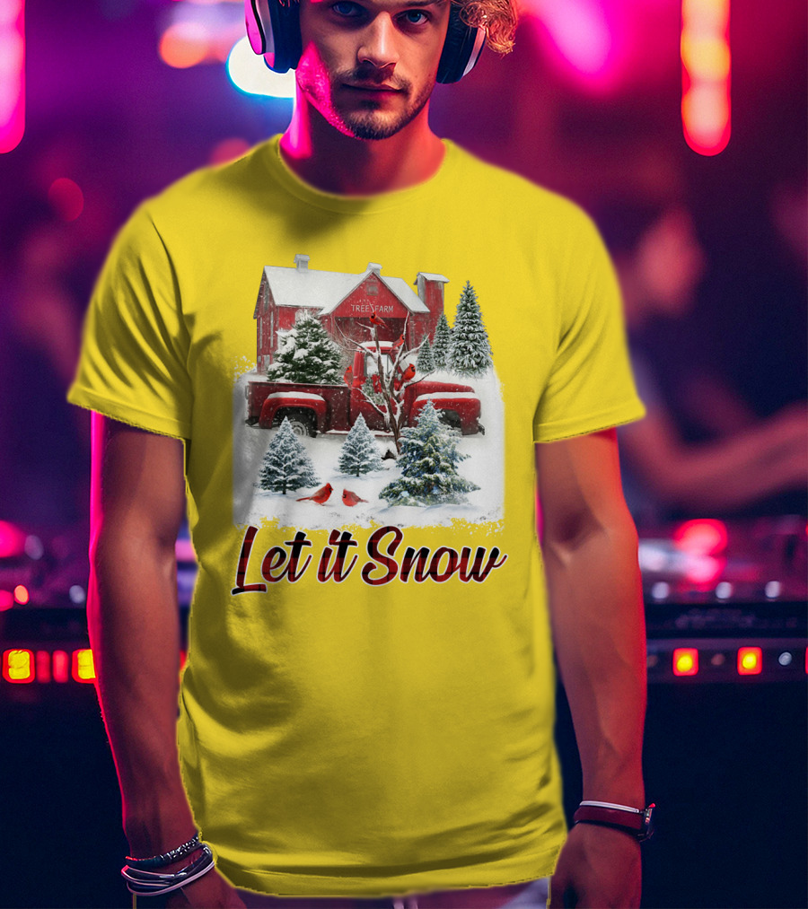 Let It Snow Cardinal Birds Red Tree Farm Holiday Scene T-Shirt