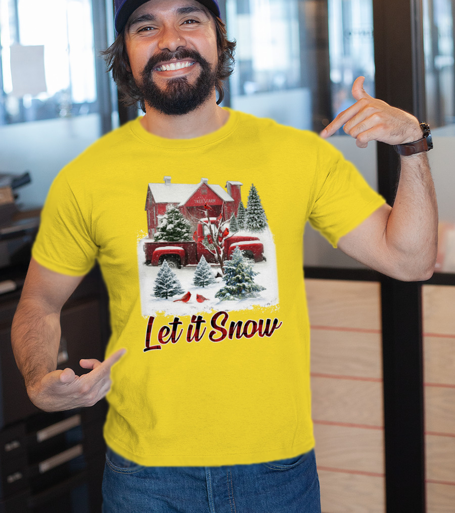 Let It Snow Cardinal Birds Red Tree Farm Holiday Scene T-Shirt