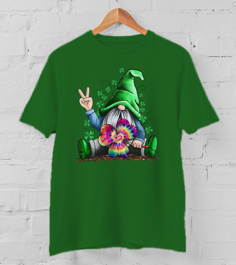 Hippie Gnome Irish With Tie-Dye Shamrock And Peace Sign T-Shirt