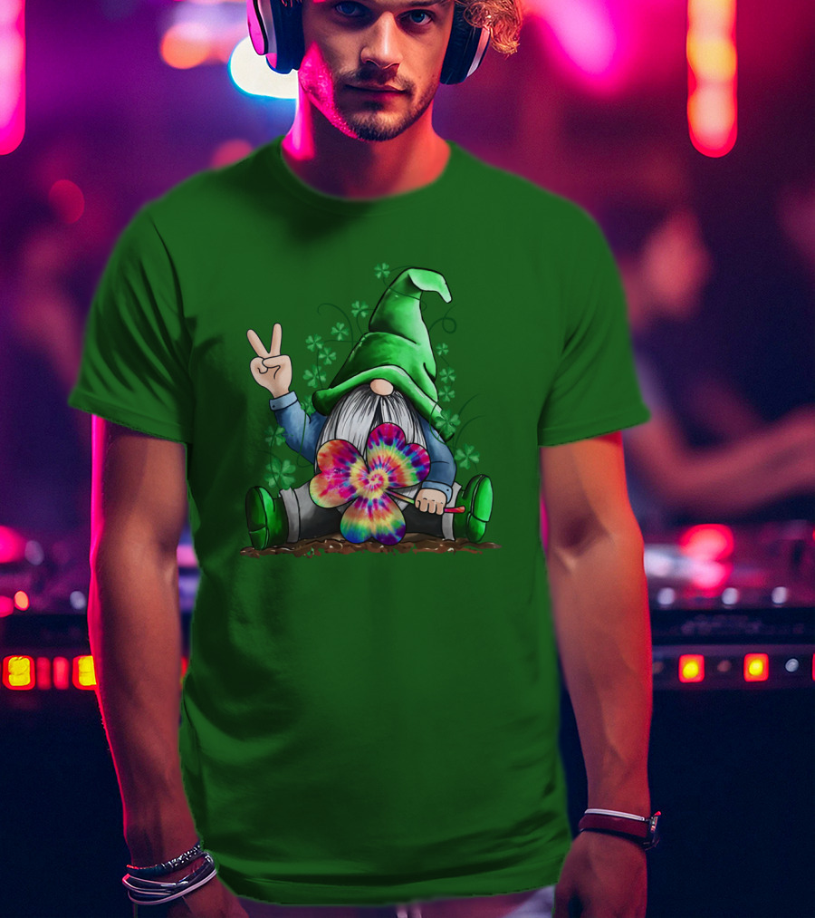 Hippie Gnome Irish With Tie-Dye Shamrock And Peace Sign T-Shirt
