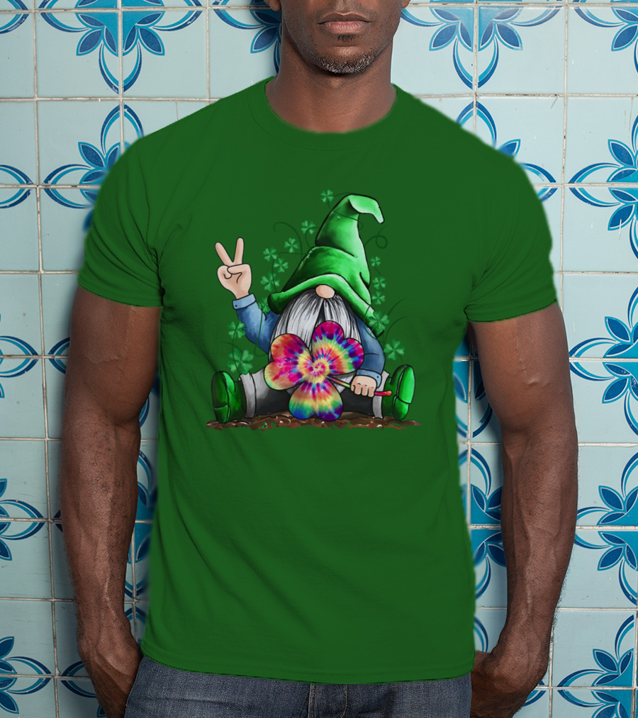 Hippie Gnome Irish With Tie-Dye Shamrock And Peace Sign T-Shirt