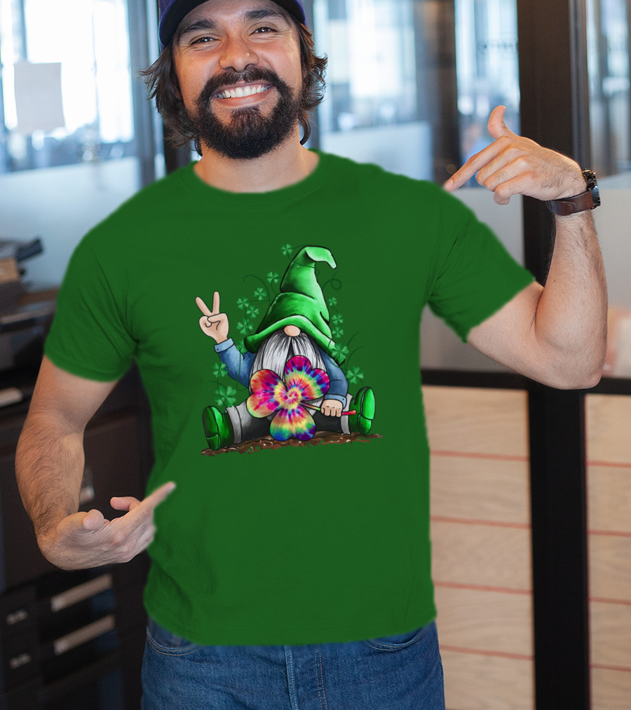 Hippie Gnome Irish With Tie-Dye Shamrock And Peace Sign T-Shirt