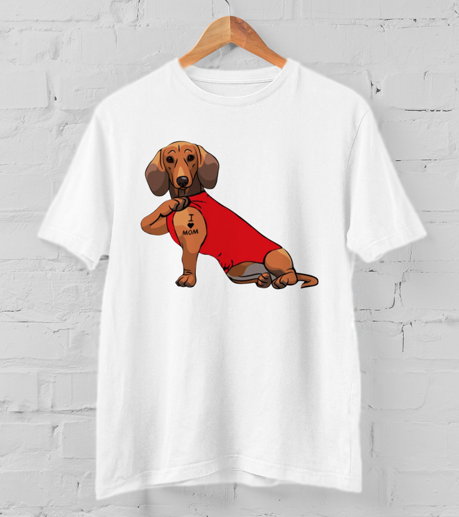 I Love Mom Dachshund Tattoo Puppy In Red T-Shirt