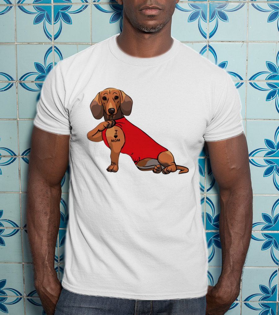 I Love Mom Dachshund Tattoo Puppy In Red T-Shirt