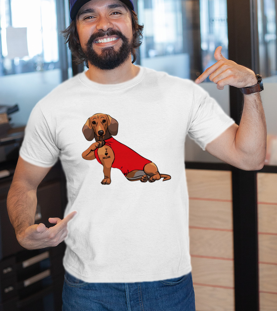 I Love Mom Dachshund Tattoo Puppy In Red T-Shirt