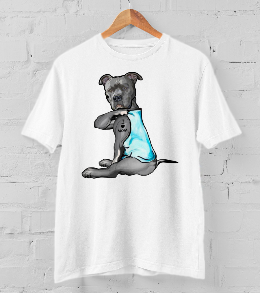 Pitbull I Love Mom Tattoo Blue T-Shirt