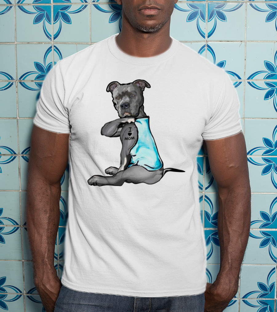 Pitbull I Love Mom Tattoo Blue T-Shirt