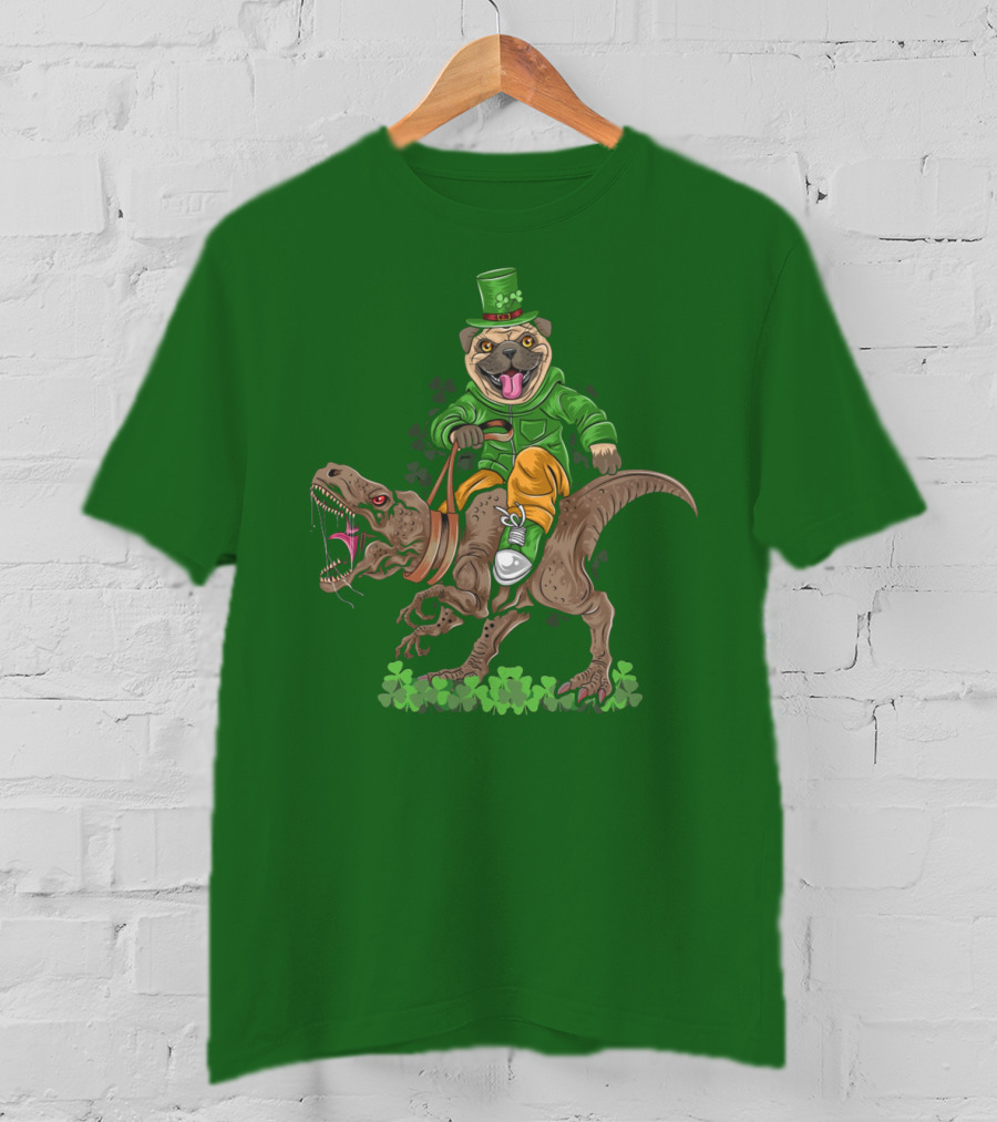 St Patricks Day Pug Puppy Riding Dinosaur Rex With Shamrocks And Leprechaun Hat T-Shirt