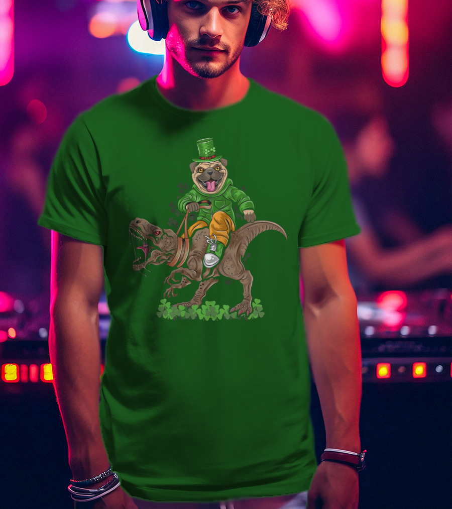 St Patricks Day Pug Puppy Riding Dinosaur Rex With Shamrocks And Leprechaun Hat T-Shirt
