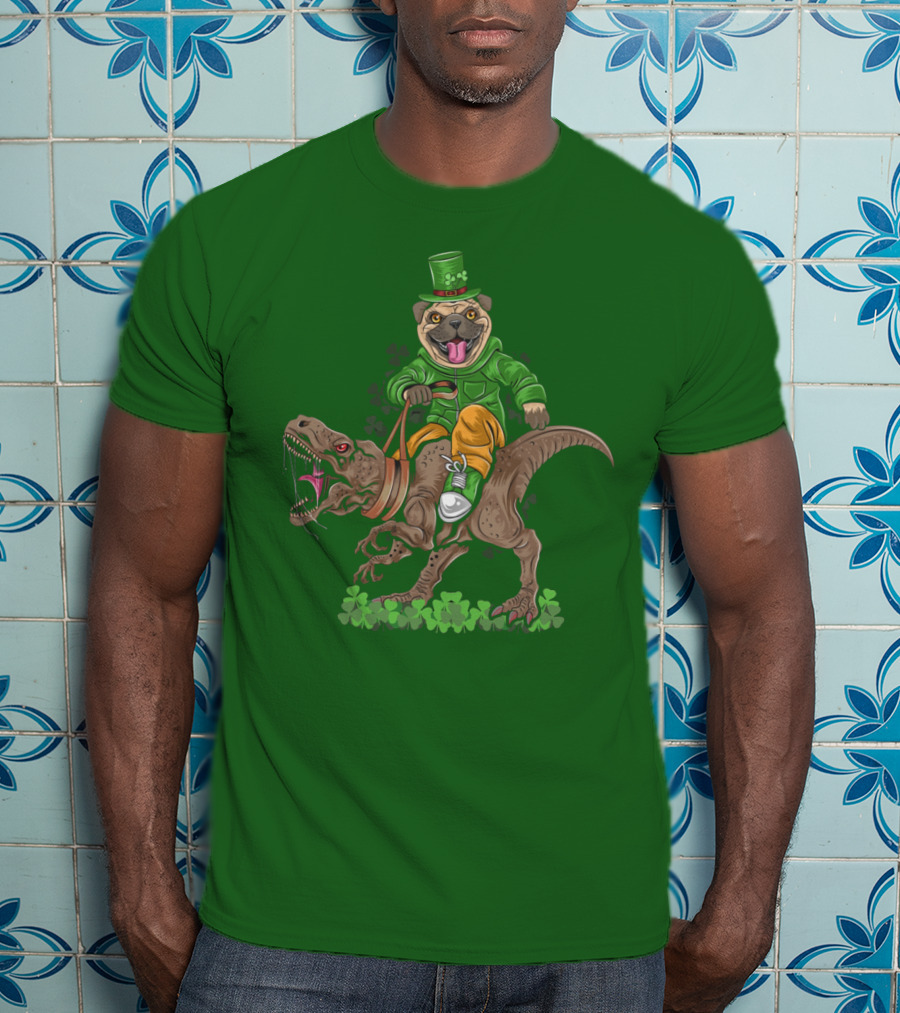 St Patricks Day Pug Puppy Riding Dinosaur Rex With Shamrocks And Leprechaun Hat T-Shirt