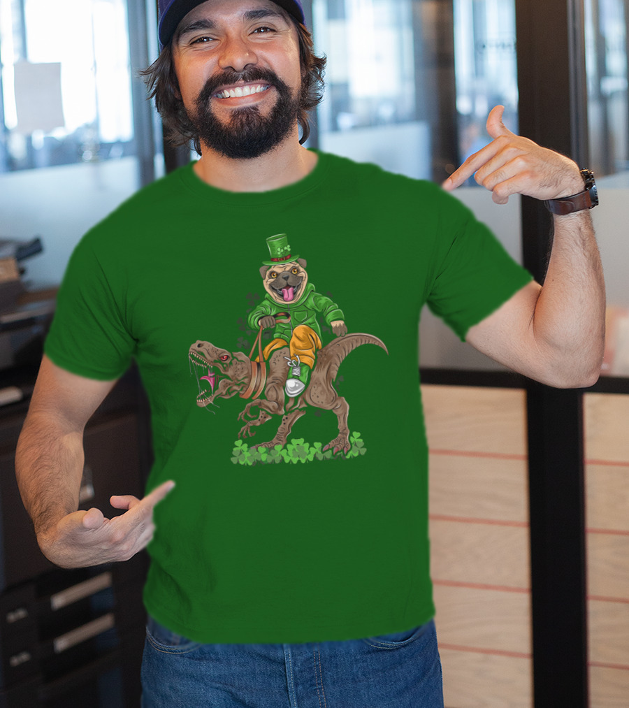 St Patricks Day Pug Puppy Riding Dinosaur Rex With Shamrocks And Leprechaun Hat T-Shirt