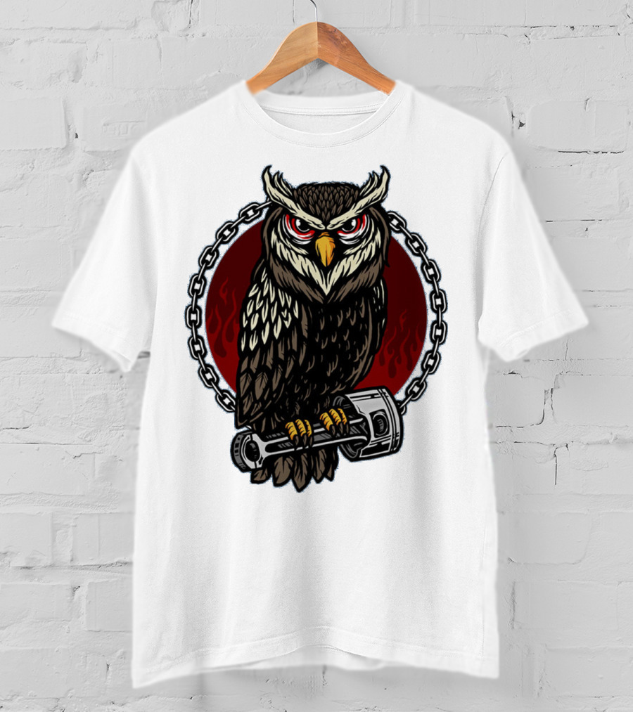 Owl And Piston Motorbike Enthusiast Chain Flame Background T-Shirt