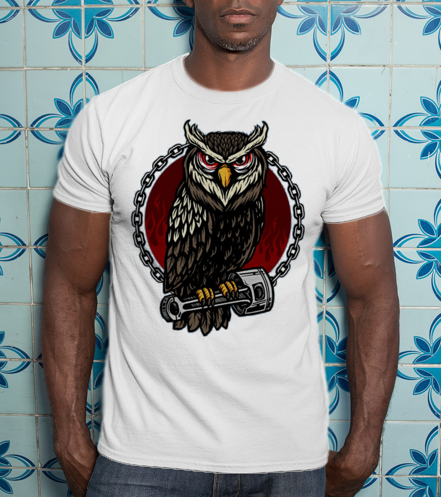Owl And Piston Motorbike Enthusiast Chain Flame Background T-Shirt