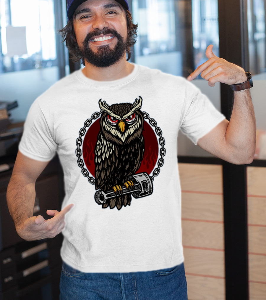 Owl And Piston Motorbike Enthusiast Chain Flame Background T-Shirt