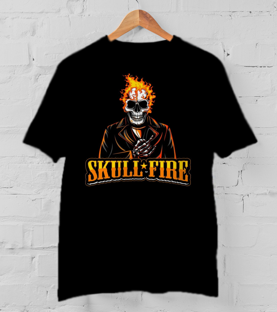 Skull Fire Flaming Skeleton In Dark Suit T-Shirt