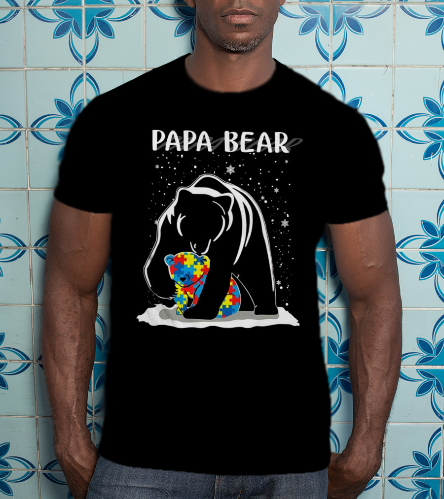 PAPA BEAR Autism Puzzle Piece Bear Hug T-Shirt