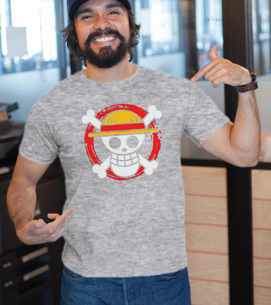 Straw Hat Luffy Jolly Roger Icon On Red Circular Emblem T-Shirt
