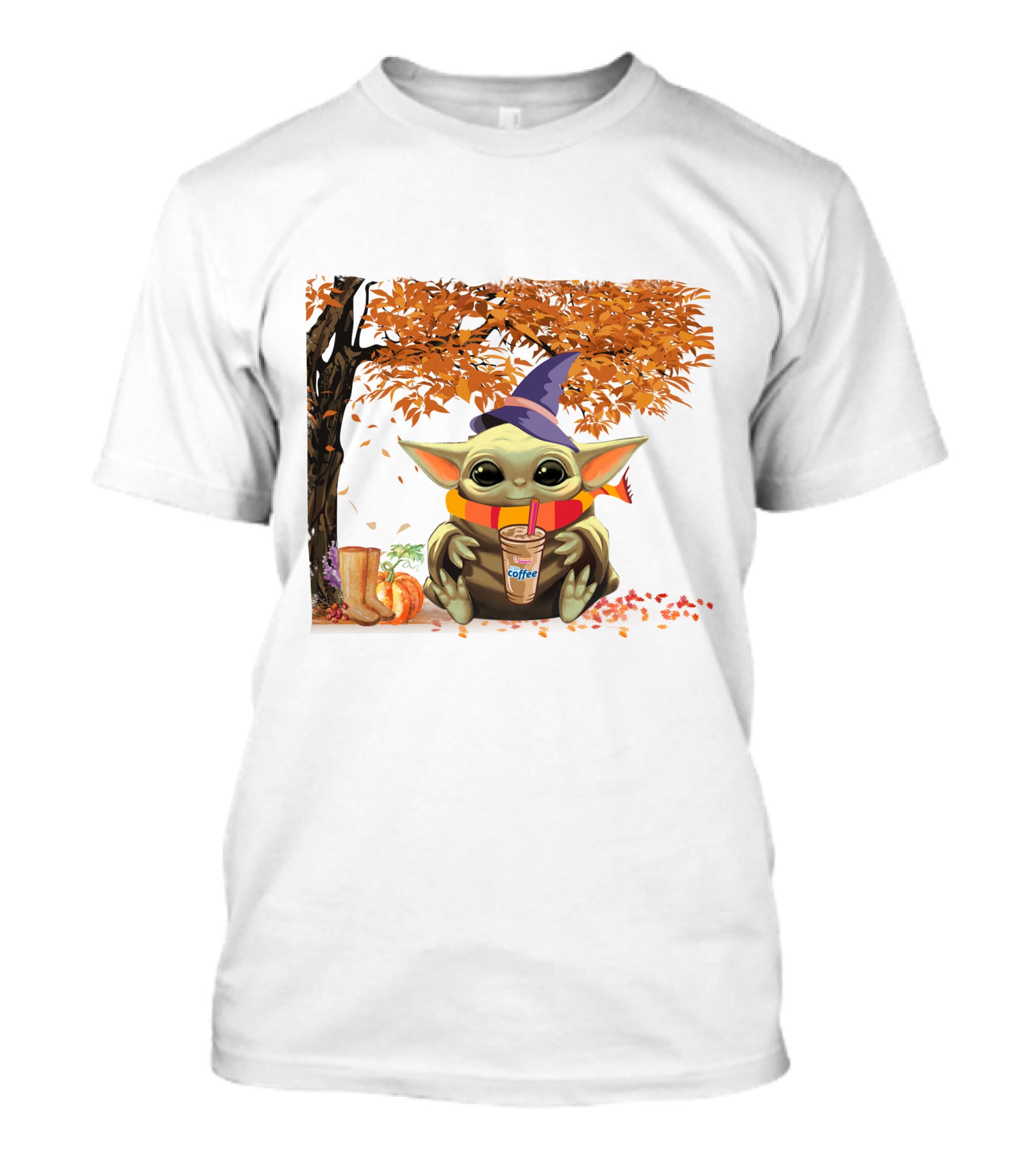 Baby Yoda Autumn Magic Coffee Hug Halloween Wizard Hat Scarf Pumpkin Leaves T-Shirt