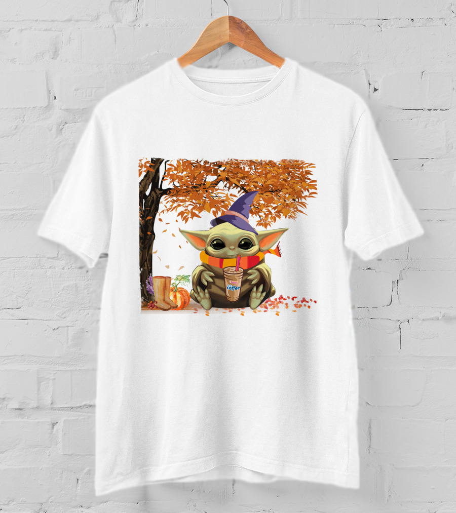 Baby Yoda Autumn Magic Coffee Hug Halloween Wizard Hat Scarf Pumpkin Leaves T-Shirt