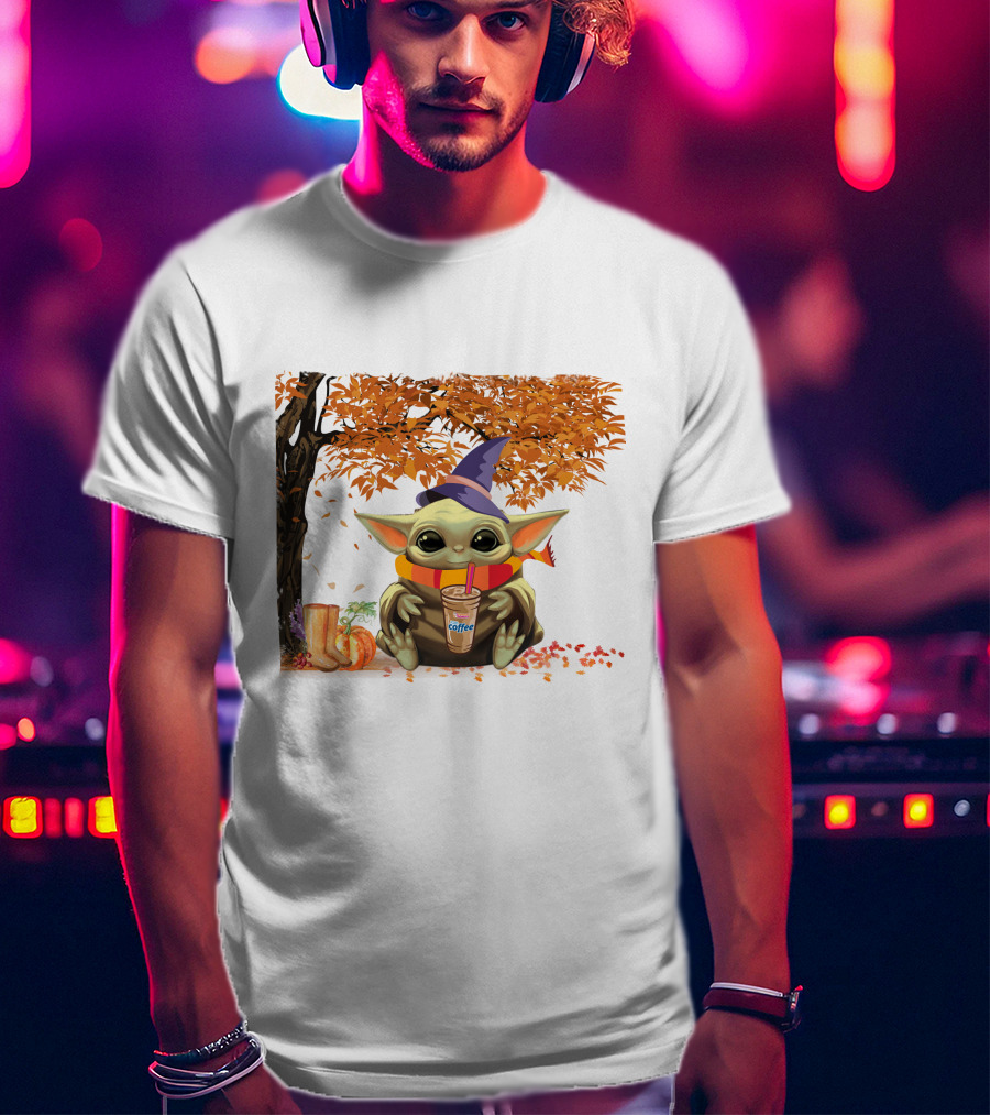 Baby Yoda Autumn Magic Coffee Hug Halloween Wizard Hat Scarf Pumpkin Leaves T-Shirt