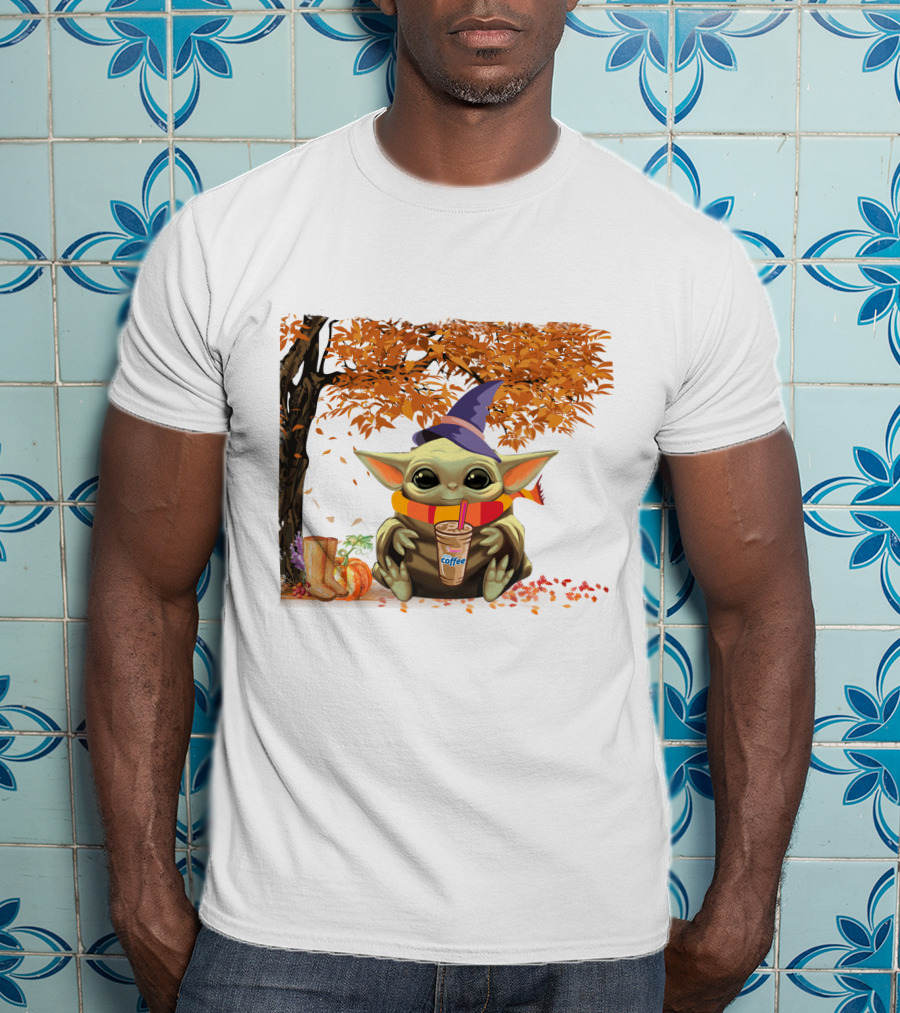 Baby Yoda Autumn Magic Coffee Hug Halloween Wizard Hat Scarf Pumpkin Leaves T-Shirt