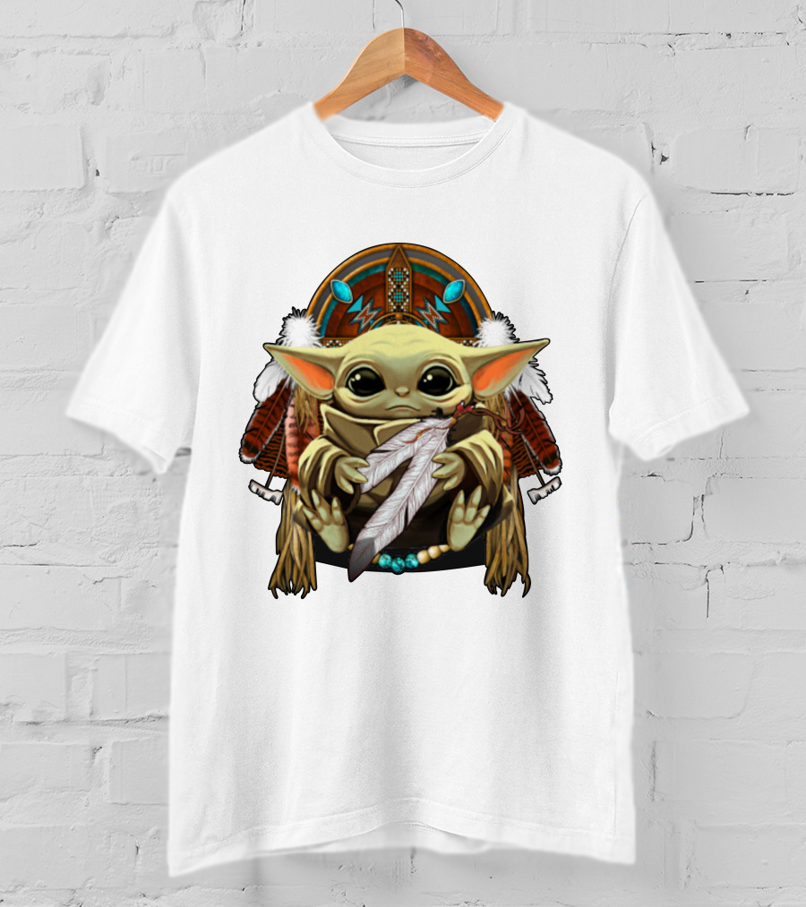 Baby Yoda Native American Headdress Feathers And Beads T-Shirt