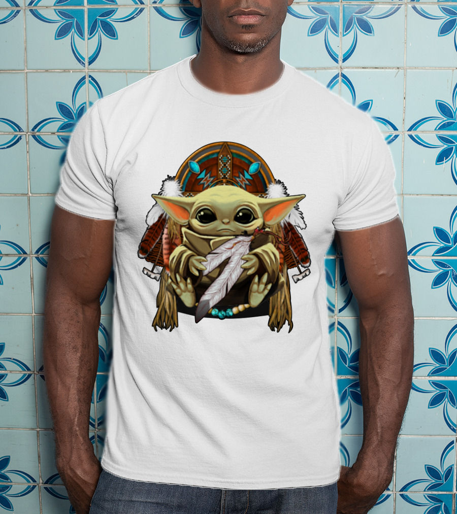 Baby Yoda Native American Headdress Feathers And Beads T-Shirt