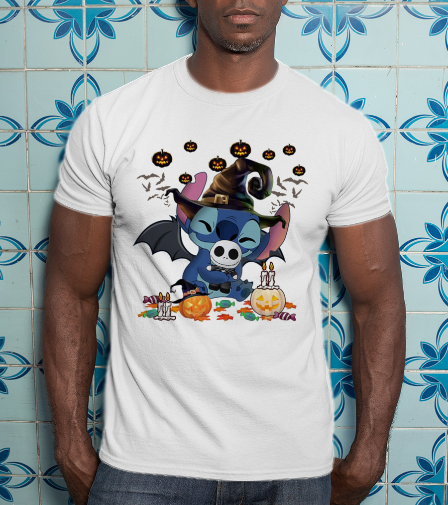 Happy Halloween Stitch Hugs Witch Baby Jack Skellington Pumpkins Candles Bats T-Shirt