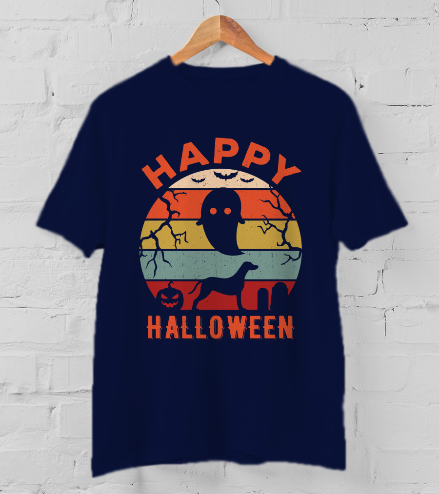 Happy Halloween Dalmatian Dog Ghost Pumpkin Retro Stripes T-Shirt