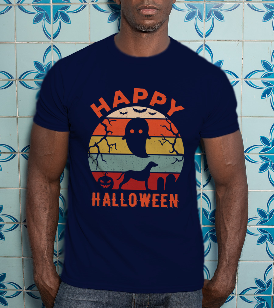 Happy Halloween Dalmatian Dog Ghost Pumpkin Retro Stripes T-Shirt