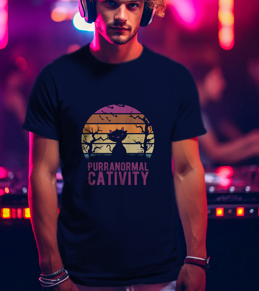 Purranormal Cativity Spooky Cat Silhouette With Bats And Trees T-Shirt