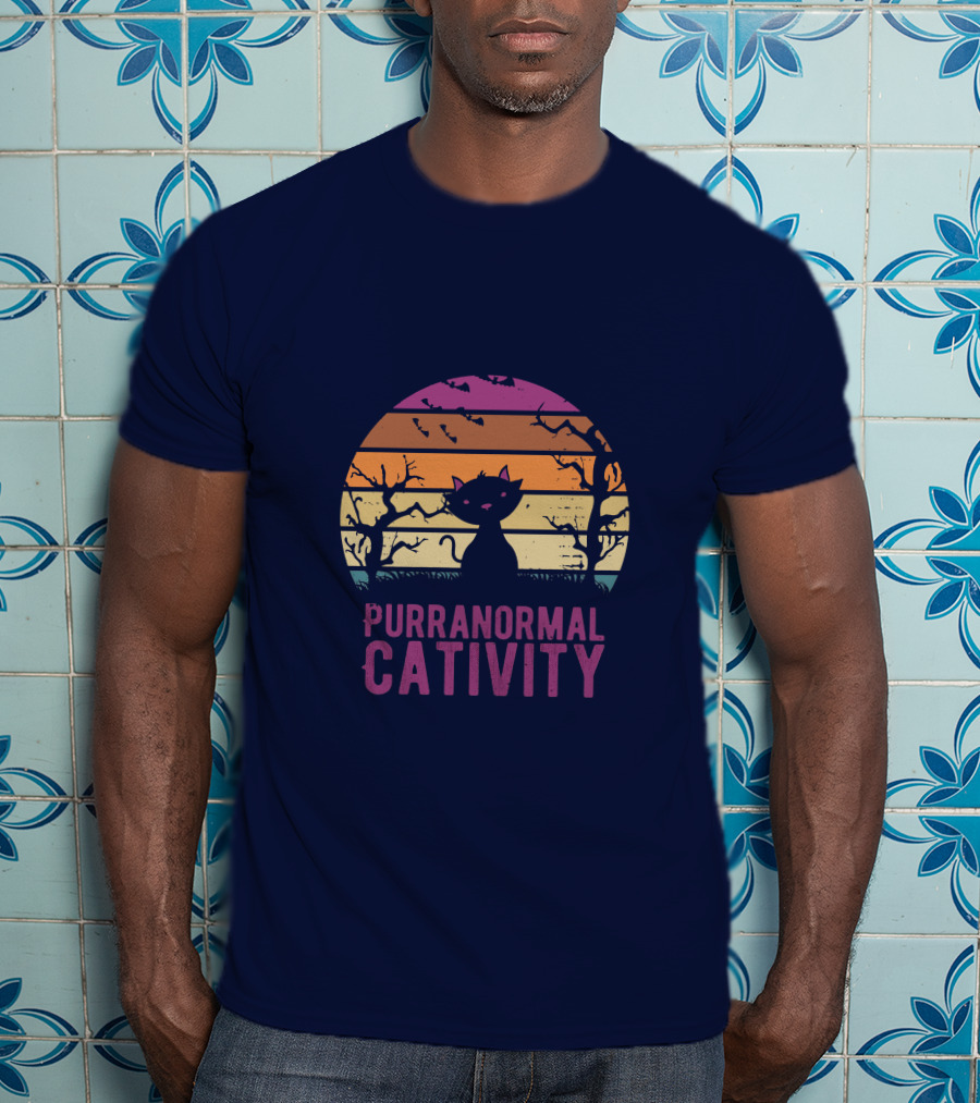 Purranormal Cativity Spooky Cat Silhouette With Bats And Trees T-Shirt