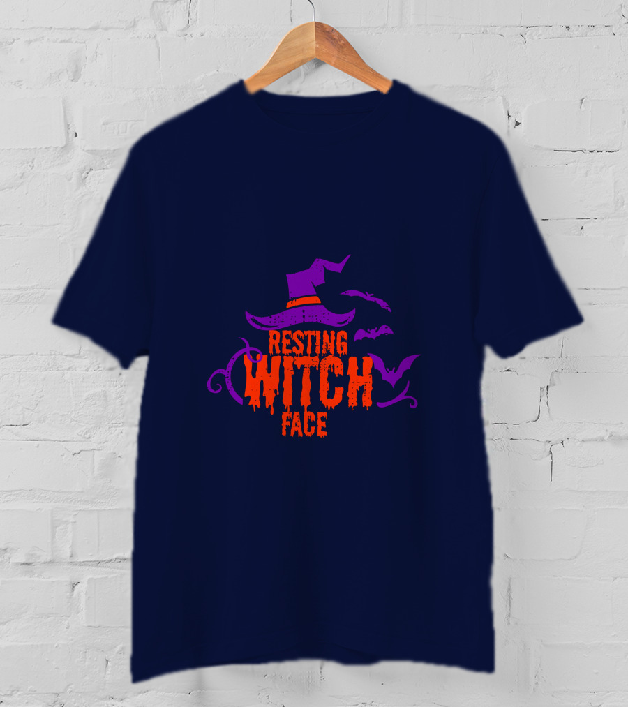 Resting Witch Face Witch Hat Bats Halloween T-Shirt
