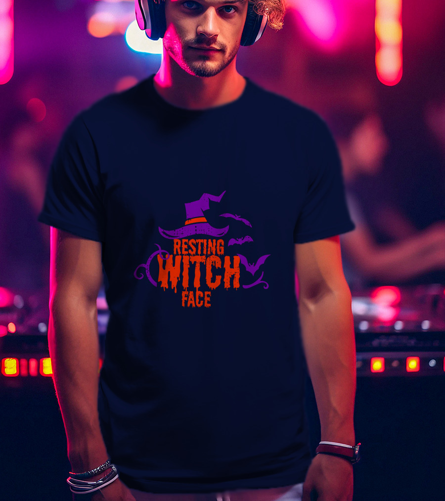Resting Witch Face Witch Hat Bats Halloween T-Shirt