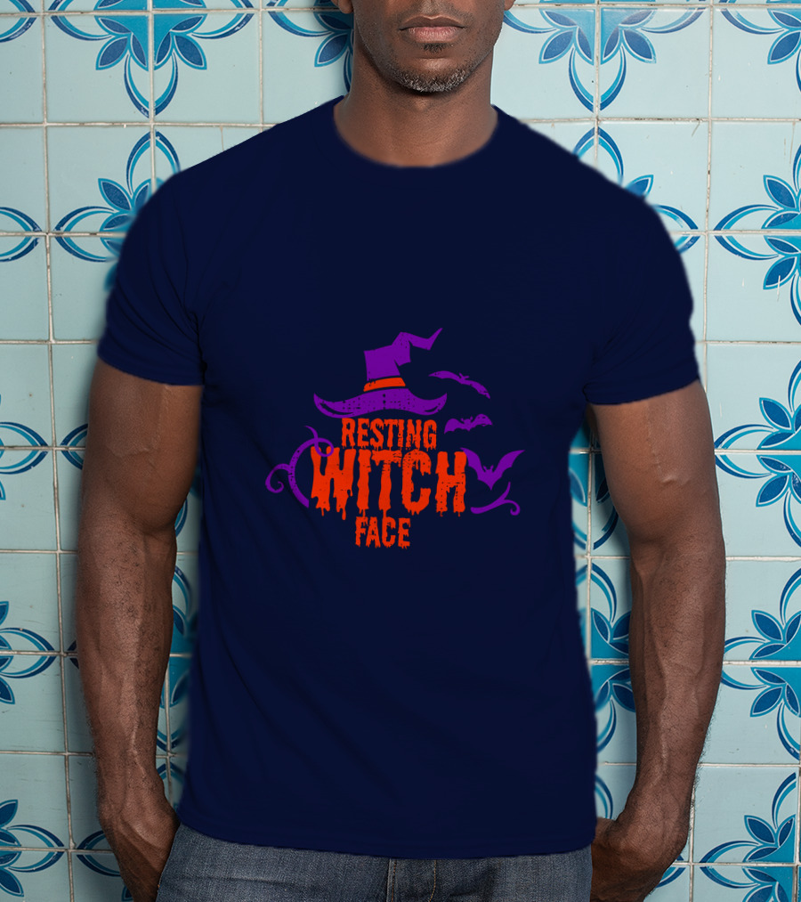 Resting Witch Face Witch Hat Bats Halloween T-Shirt