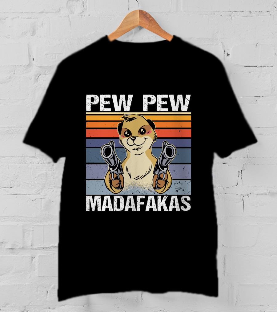 Pew Pew Madafakas Meerkat Retro Stripes Guns T-Shirt