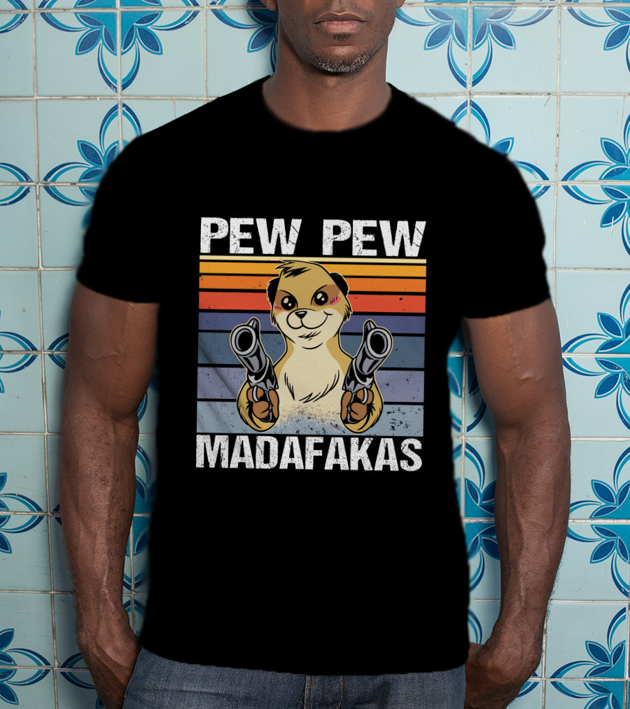 Pew Pew Madafakas Meerkat Retro Stripes Guns T-Shirt