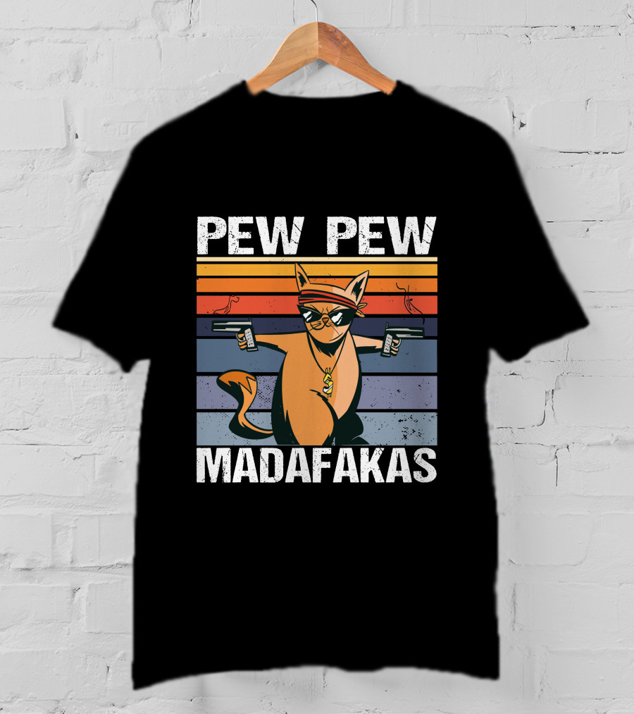Pew Pew Madafakas Cat With Sunglasses And Retro Stripes T-Shirt