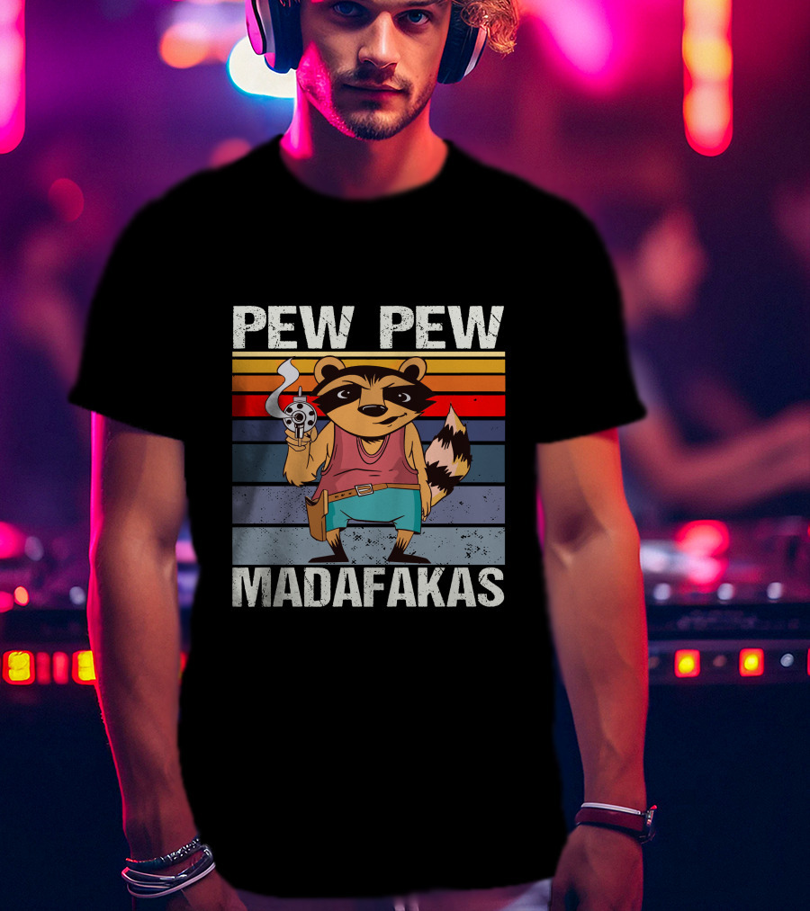 Pew Pew Madafakas Raccoon Retro Stripes Smoking Gun T-Shirt