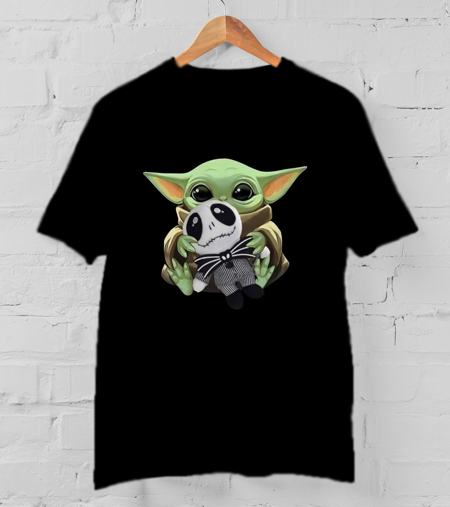 Baby Yoda Holding Jack Skellington Plush Crossover T-Shirt
