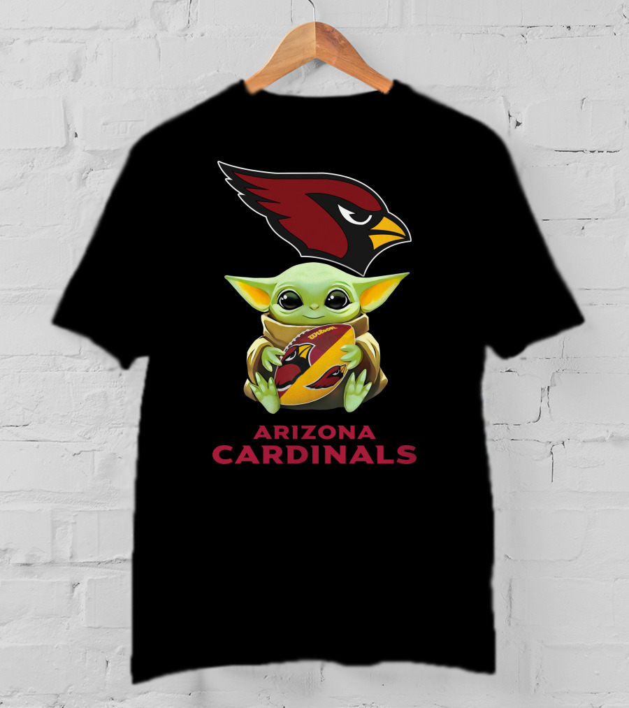 Baby Yoda Hugging Arizona Cardinals Logo Football With Team Emblem T-Shirt